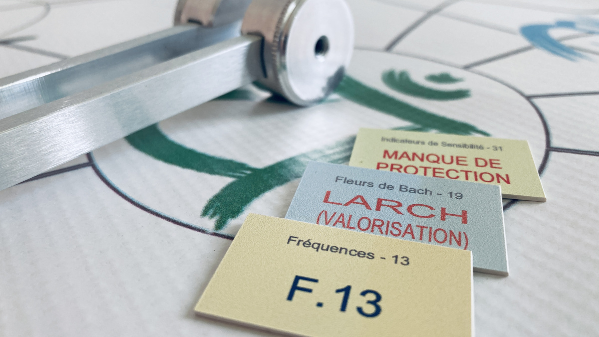 Diapason et cartes-supports utilisés lors d'un soin RVF (Résonance Vibratoire Fréquentielle)